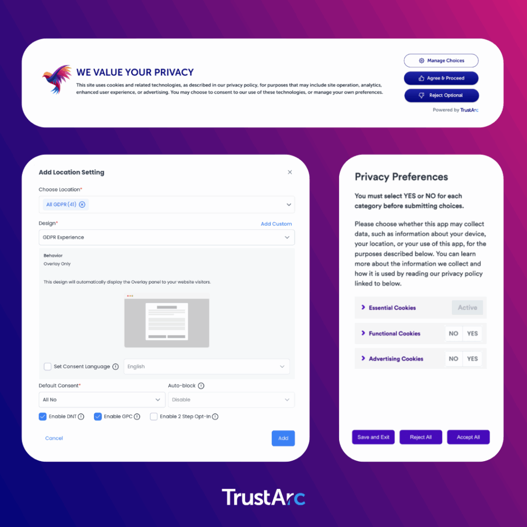 Various types of cookie consent banners and modals used by websites.