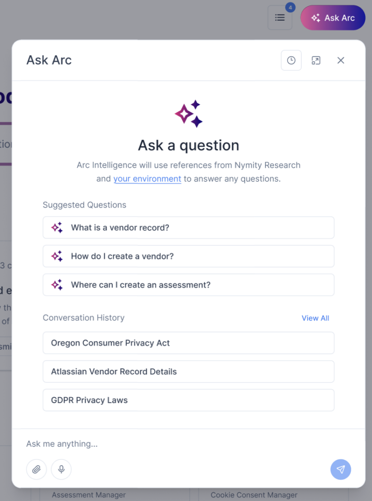 An image featuring the "Ask Arc" privacy management platform interface.