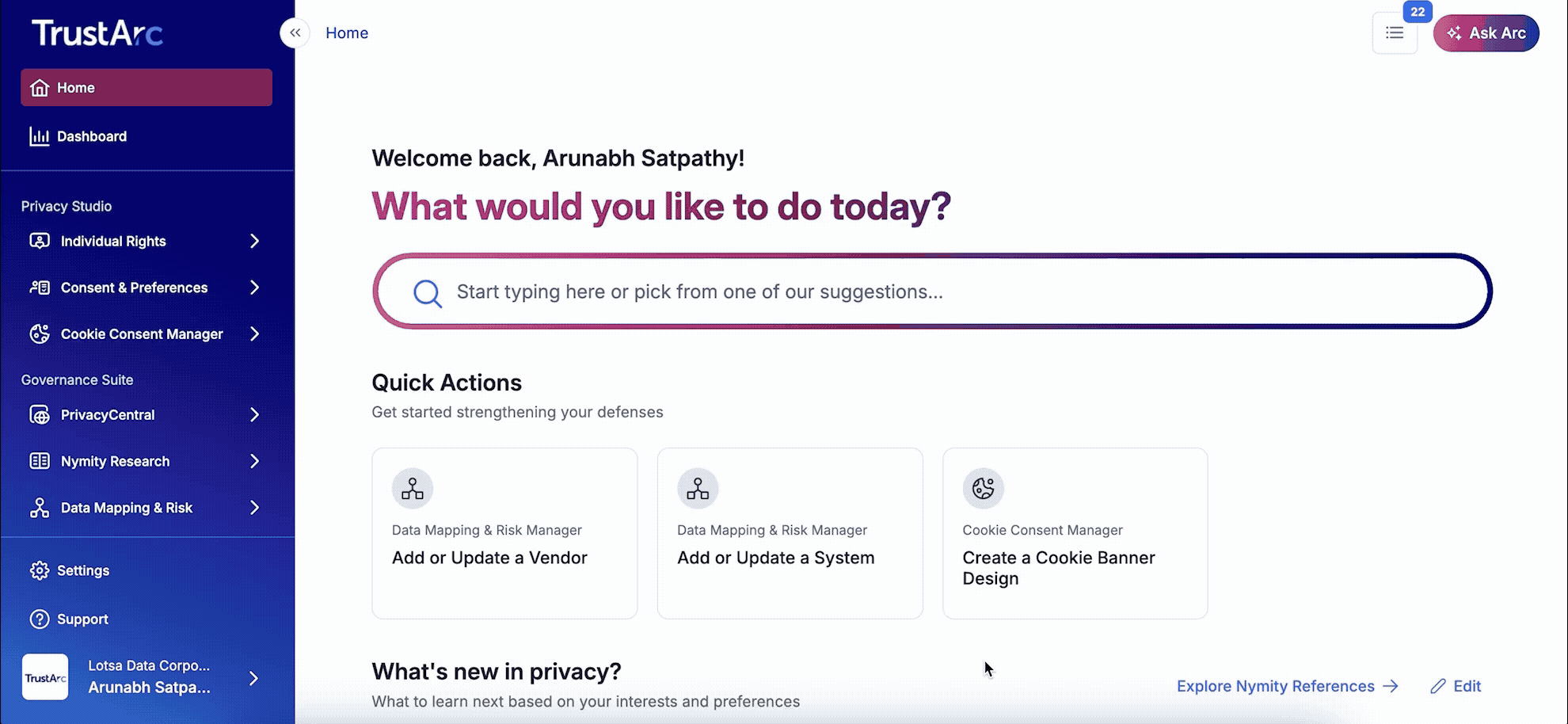 TrustArc dashboard showing Quick Actions for common privacy management tasks such as adding vendors, systems, and creating cookie banners.