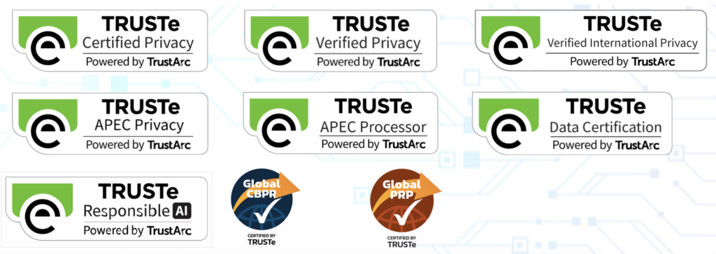 Multiple TRUSTe certification badges showing privacy, APEC, CBPR, PRP, and Responsible AI programs.