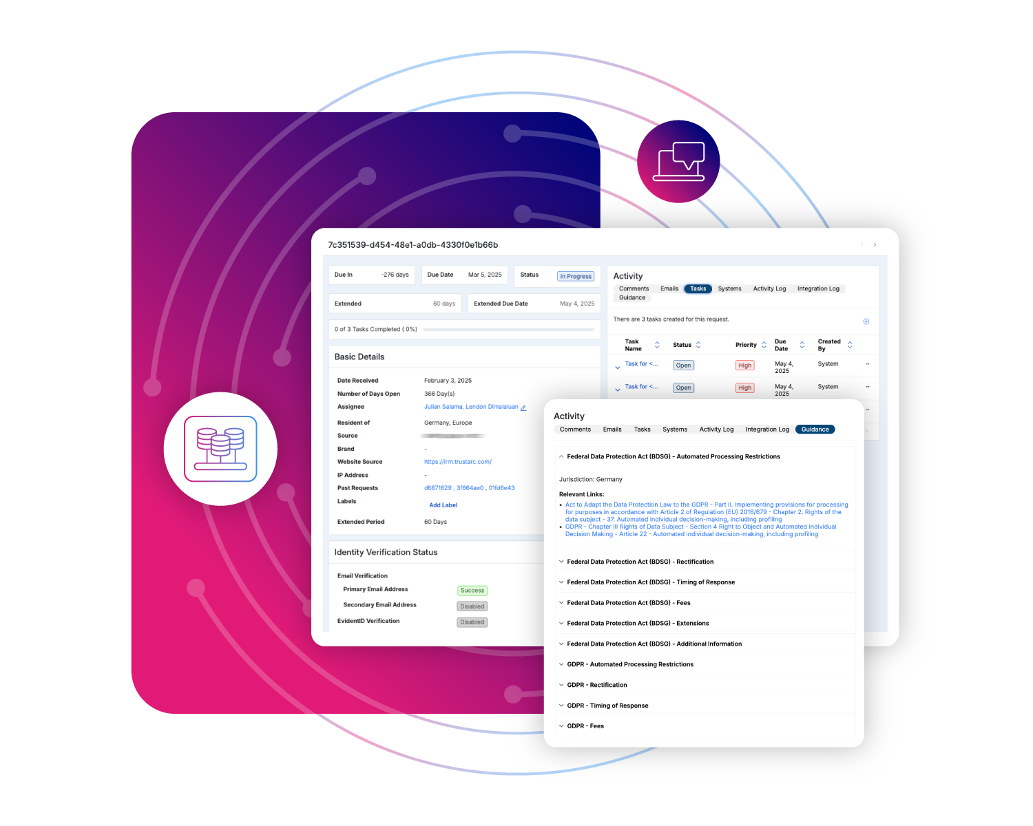 TrustArc Individual Rights Manager dashboard showing automated data subject request workflows, request tracking, and DSR automation analytics for privacy compliance.